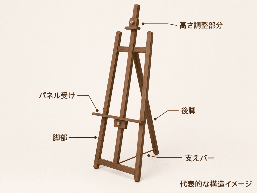 木製イーゼルの各部名称と基本構造