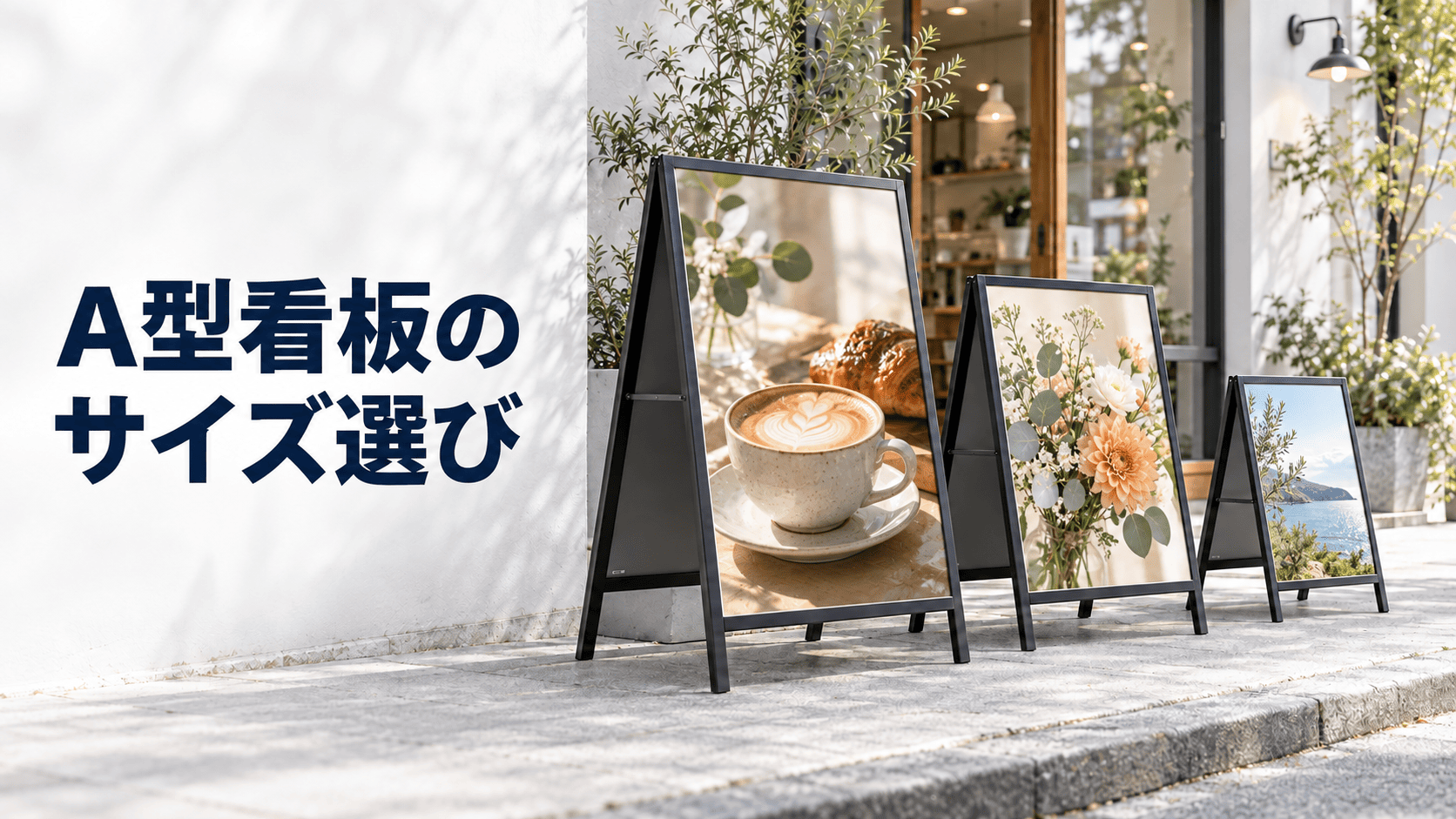 店先の歩道に大きさの異なる3台のA型看板が並んでいるイメージ