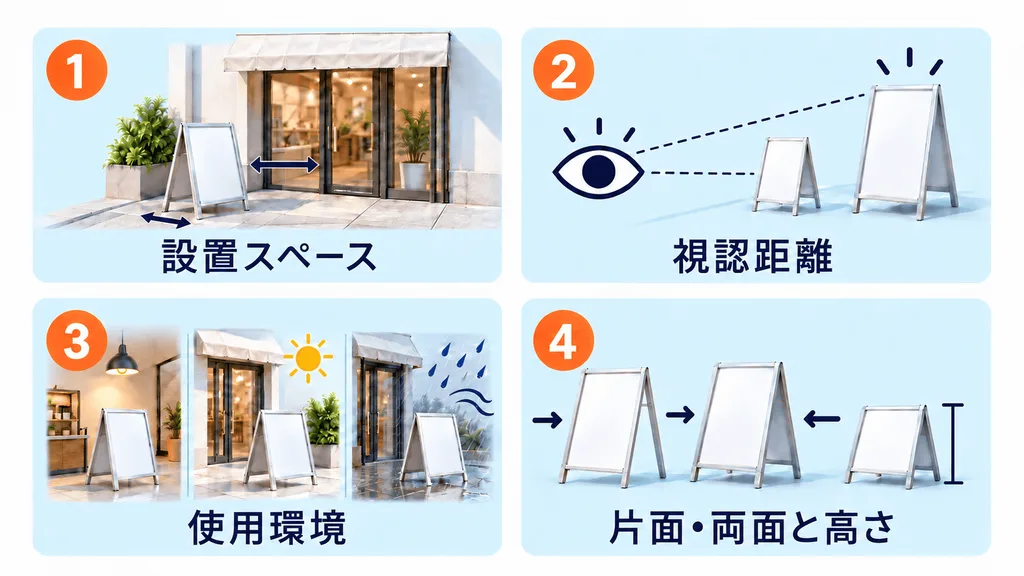 A型看板のサイズを決める4つの基準を、アイコンで並べた図
