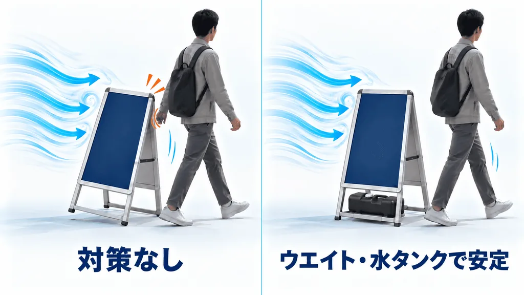 風を受ける大きな看板と、ウエイトや水タンクで安定させる対策を並べて比べた図