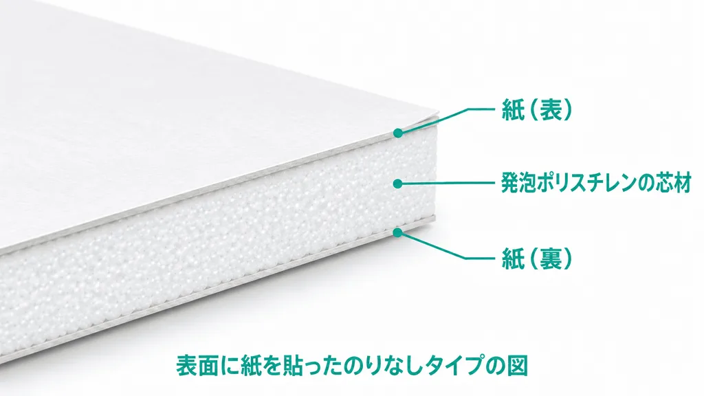 スチレンボードの断面図。発泡ポリスチレンの芯材を、表と裏の紙が挟んでいる構造