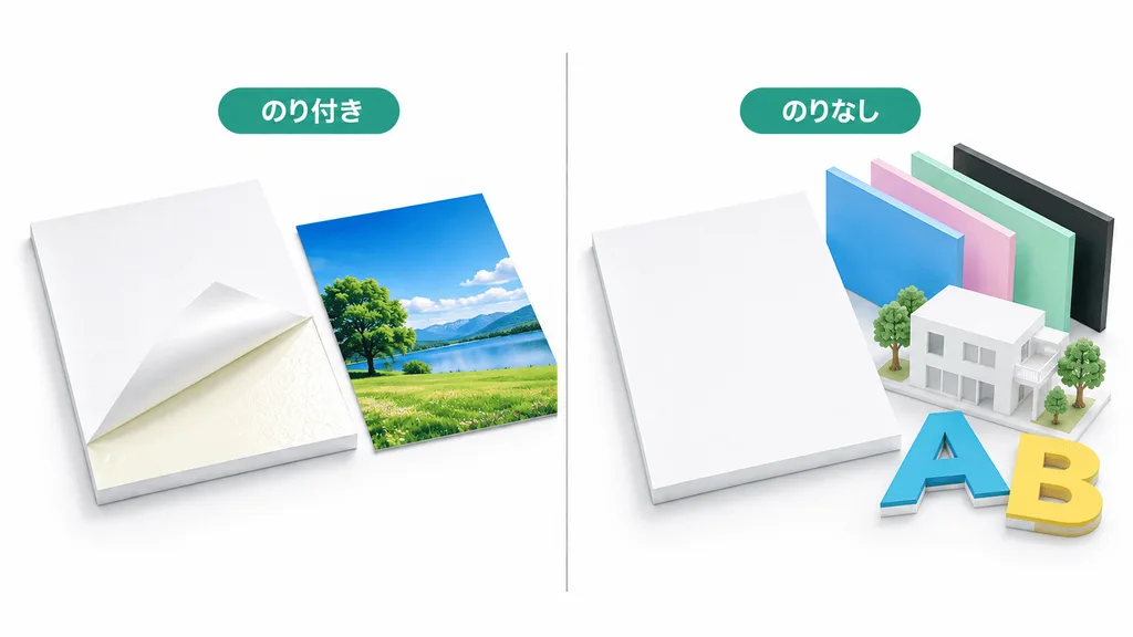 のり付きスチレンボードとのりなしスチレンボードの違いを左右で比べた図