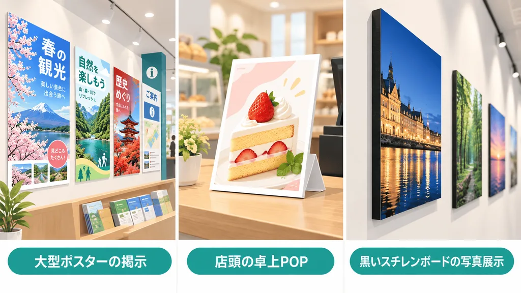 展示パネル、店頭のPOP、黒いボードに貼った写真という3つの用途のイメージ