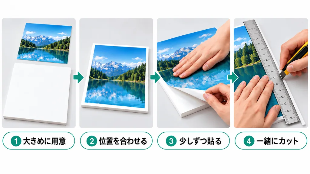 のり付きスチレンボードに写真を貼る4つの手順を並べた図